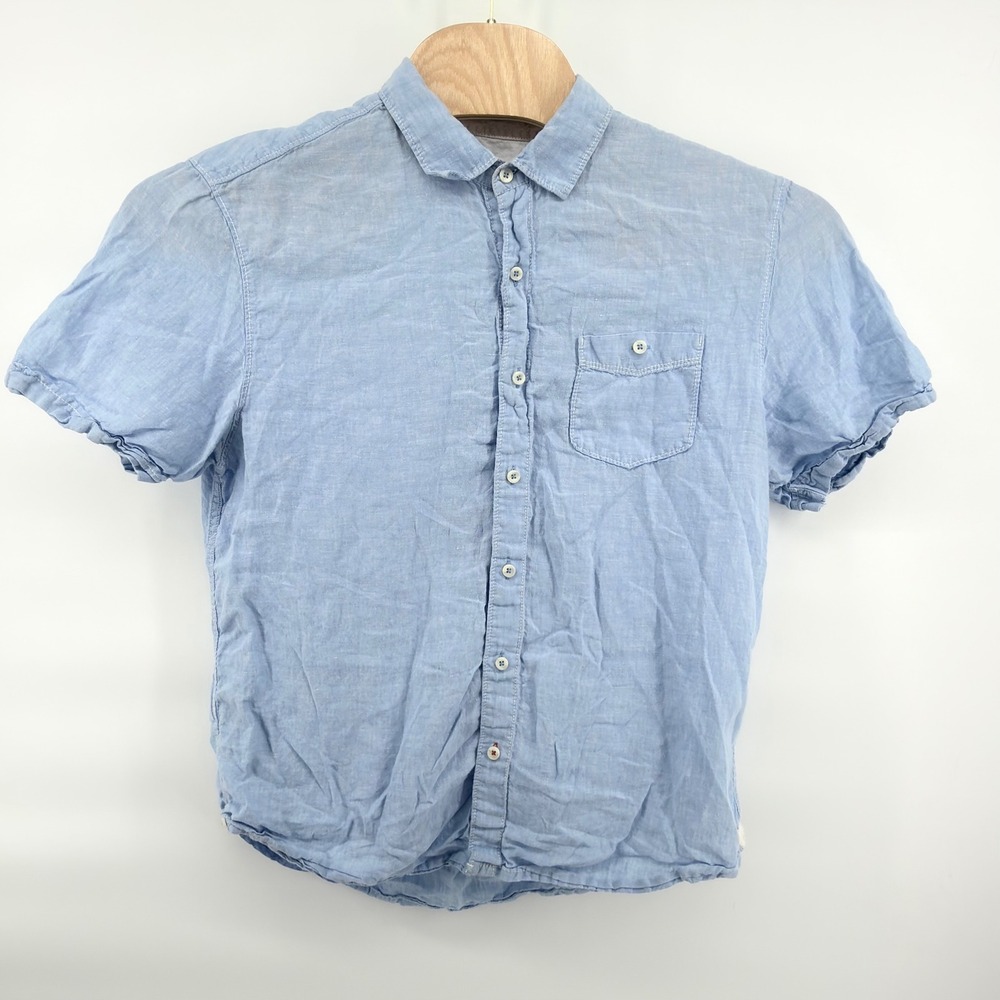 Tommy Bahama Men Large Blue Linen Short Sleeve Button Up Shirt Casual Beach Camp